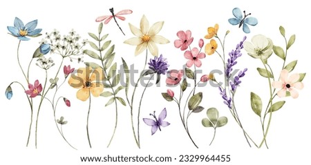 Border banner with watercolor wildflowers. Floral decoration. Hand drawing.