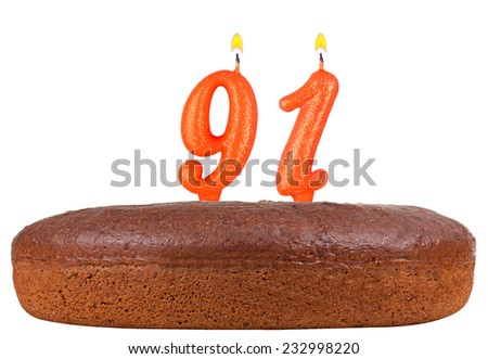birthday cake with candles number 91 isolated on white background