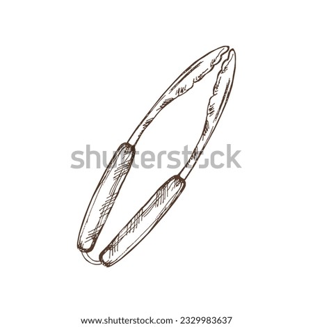 Hand drawn vector sketch of Barbecue tongs with wooden handle on white background. Doodle vintage illustration. Decorations for the menu of cafes and labels. Engraved immage.