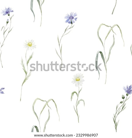 Watercolor Seamless Pattern with Wildflowers on the White Background.