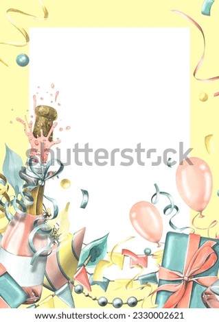 Vertical birthday card with pink champagne, balloons, gifts, confetti, flags. Watercolor illustration, hand drawn. Frame template for text on a white background.