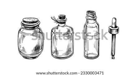 Glass bottles with pipette for cosmetics, oils, serum. The illustration is graphic hand-drawn. Eps vector, isolated objects on white background