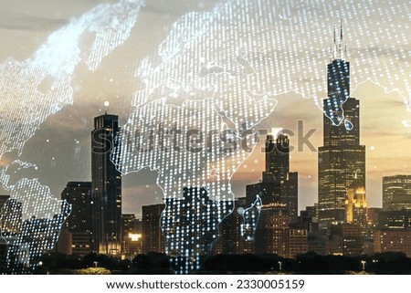 Multi exposure of abstract creative digital world map hologram on Chicago skyscrapers background, research and analytics concept