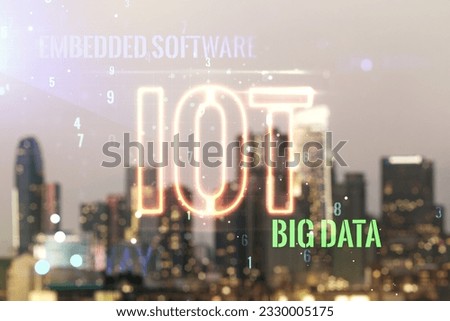 Abstract virtual IOT hologram on blurry office buildings background, internet of things concept. Multiexposure