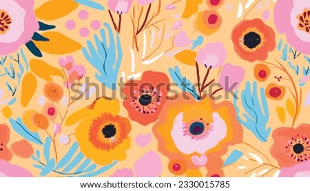 Hand drawn bright cute artistic flowers print. Modern cartoon style botanical pattern. Fashionable template for design.