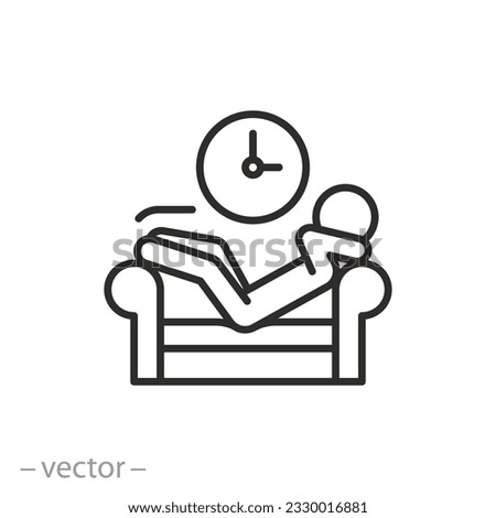 icon of free time on sofa, taking a nap after work, hands behind head, relaxation line symbol on white background - editable stroke vector illustration eps10