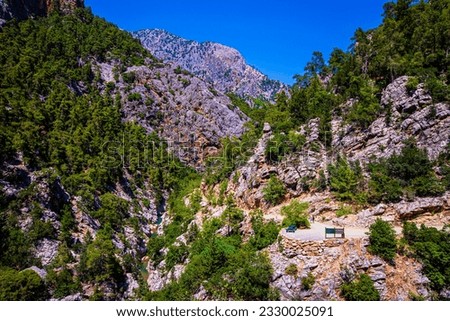 Aerial view of a stop on the hiking trail in Goynuk Canyon. Kemer, Antalya.