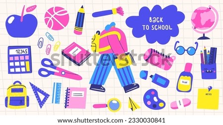 School objects set in cute doodle hand drawn style. Student walking with book surrounded with apple, ball, pencil, scissors, glue, glasses, marker, eraser, note paper, backpack, brush, calculator