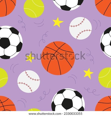 Vector seamless pattern with soccer balls, basketball, American football ball, tennis ball and baseball in cartoon style