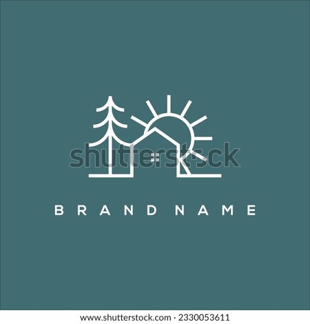 House line art icon logo with pine tree and sun