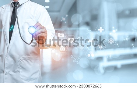 Doctor showing stethoscope and medical icons at hospital. Medical health care and medical services.