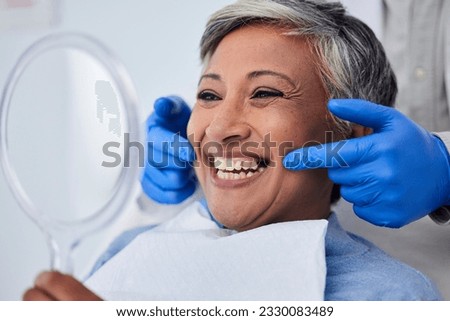 Senior woman, teeth and smile for dentist in dental care, appointment or checkup at the clinic. Happy elderly female person smile for tooth whitening, cleaning or oral, mouth and gum care at hospital Royalty-Free Stock Photo #2330083489