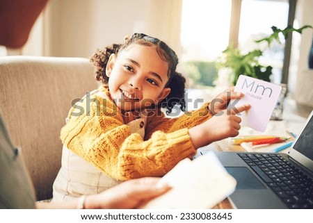 Mom, kid and alphabet card for teaching, spelling and learning for literacy, language and show letter in family house. Letter, mother and daughter with reading, education and support for development Royalty-Free Stock Photo #2330083645