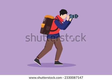 Graphic flat design drawing active male journalist or reporter with backpack making pictures. Man photographers of paparazzi taking photo with digital cameras dslr. Cartoon style vector illustration