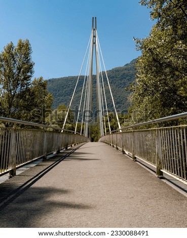 Pedestrian footbridge in the middle of the forest, beautiful architecture comn a great engineering study. The object is located in Switzerland, it is a sunny day in the middle of summer. 