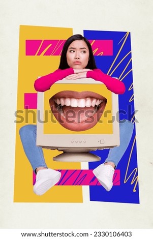 Vertical creative illustration photo collage of upset dissatisfied girl hold hands on monitor cyberbullying isolated drawing background