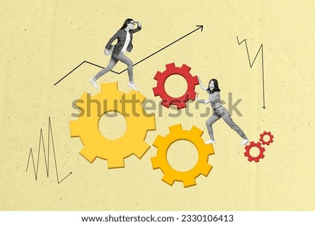 Collage portrait of two mini black white effect girls hold netbook run forward arrow pointer hold cogwheel gear isolated on beige background Royalty-Free Stock Photo #2330106413