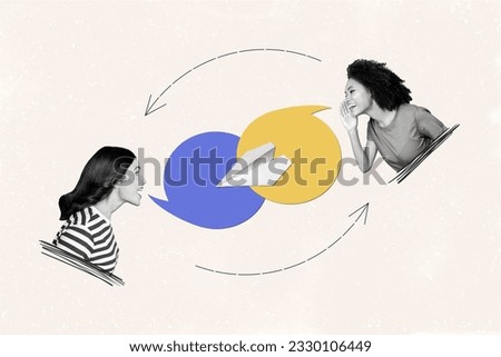 Poster banner collage of two friends girl share information ukraine peace victory independence in speech bubble copyspace Royalty-Free Stock Photo #2330106449