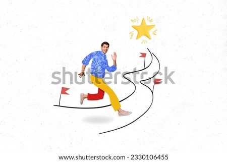 Composite collage picture of young businessman running fast speed road way finish achievement motivation star isolated on white background