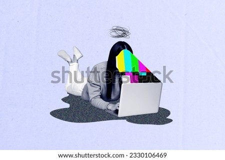 Photo collage artwork minimal picture of addicted lady watching propaganda news isolated purple color background Royalty-Free Stock Photo #2330106469