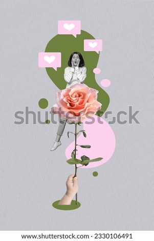 Vertical creative illustration photo collage of impressed amazed woman getting social media likes flower isolated drawing background