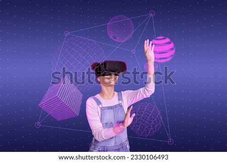 Futuristic poster banner collage of young lady millennial in cyberspace reality have fun in video game math challenge Royalty-Free Stock Photo #2330106493