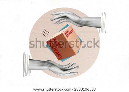 Fast speed delivery concept design collage of hands holding carton pack container box parcel mail service isolated on beige background