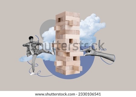 Illustration collage design of strong confident aggressive guy kick leg his jenga opponent game wooden bricks isolated on grey background