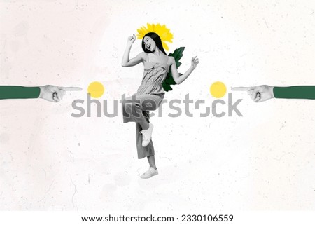 Collage picture of black white effect arms point finger mini positive dancing girl flower head isolated on white creative background