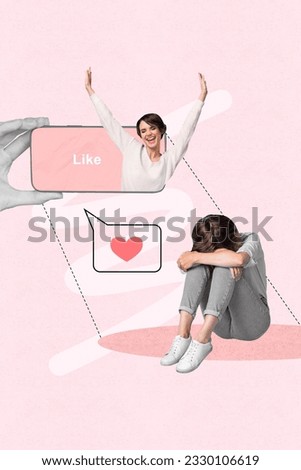Photo collage picture of sad lady showing instagram twitter facebook successful happy life isolated pink color background