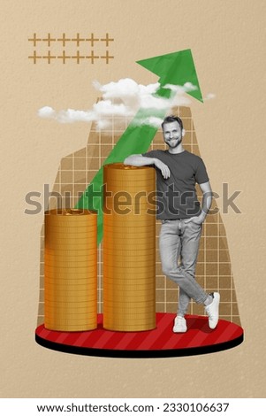 Collage artwork graphics picture of happy smiling guy online earning bitcoins isolated painting background