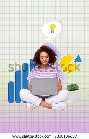 Vertical creative photo concept collage of young smart clever woman sit with laptop generate business ideas isolated drawing background