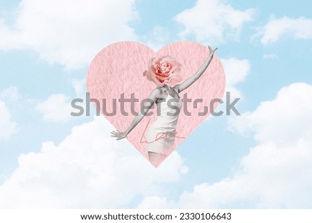 Collage picture of black white effect girl rose flower instead head inside heart symbol isolated on clouds sky background