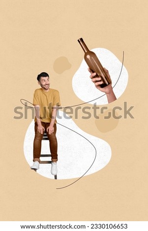 Collage template design picture of man sitting dreamy looking his favorite brand alcohol bottle wine champagne isolated on beige background