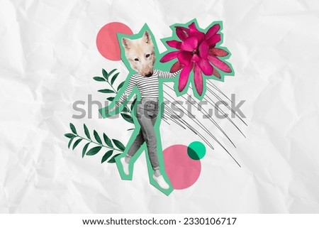 Composite creative collage of headless wolf wild mask animal person people walking hold huge pink flower exotic isolated on grey background