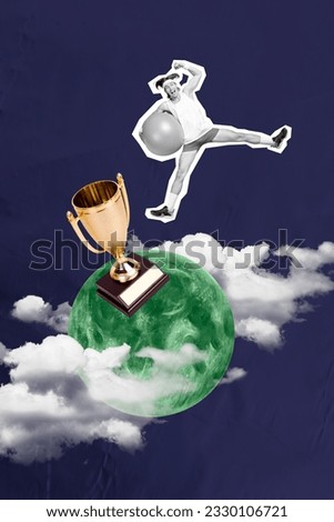 Vertical collage picture of black white gamma sporty mini guy jump hold fitball big green moon champion trophy cup night clouds sky