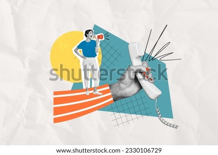 Full body size photo collage sketch of funny young woman voice screaming loudspeaker telephone operator isolated on painting background