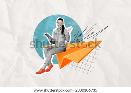 Full body photo magazine collage of funny young girl sit paper airplane sending message social media tablet isolated on white background