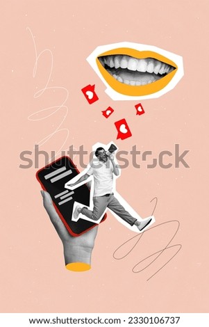 Vertical collage of young virtual personage scream loudspeaker likes notifications repost mouth enjoy content isolated on beige background