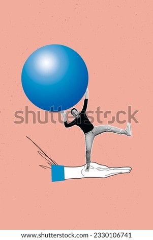 Collage photo illustration of human young guy holding huge blue shape round sphere ball element figure isolated on peach color background