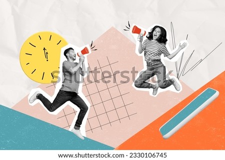 Collage banner photo of youngster two friends colleagues jumping scream loudspeakers deadline isolated on painting sketch background Royalty-Free Stock Photo #2330106745