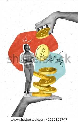 Vertical collage image of black white effect arms hold pile stack money coins confident mini girl isolated on painted background