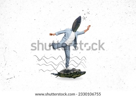 Photo banner creative collage picture of headless surreal fish human man swimming tortoise sea water isolated on white color background