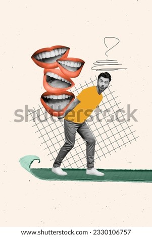 Collage illustration of funny surprised young guy carry much mouth human negative comments man confused isolated on grey background