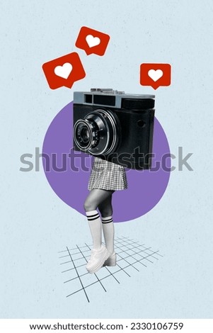 Vertical collage picture artwork of headless surrealism absurd blogging notification likes paparazzi camera isolated on blue background