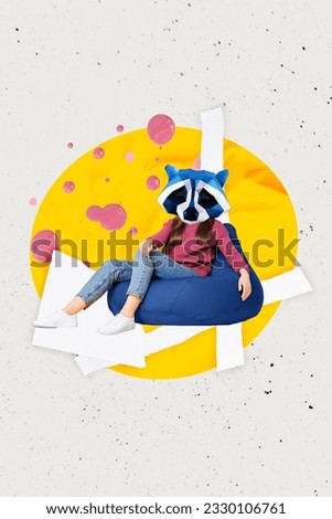 Composite collage artwork of headless surreal raccoon animal mask freak lying beanbag comfort chill room isolated on yellow background