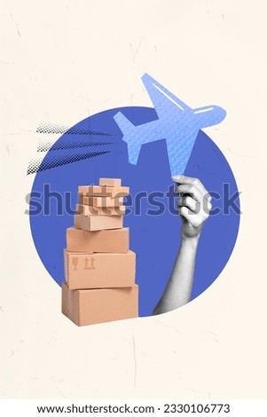 Vertical image sketch poster of woman fingers hold paper plane advertise fast express goods delivery isolated on white color background