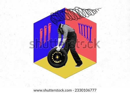 Picture artwork image sketch collage of faceless unusual weird handyman working garage repair tire wheel isolated on painted background