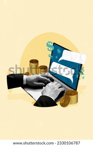 Collage pop 3d sketch image of arms chatting modern gadget earning money isolated painting background