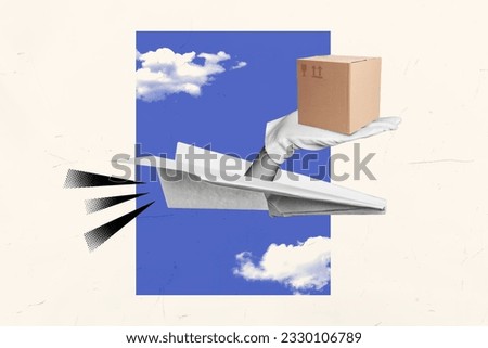 Image sketch picture collage of paper plane delivering supply belongings export goods abroad isolated on white color background Royalty-Free Stock Photo #2330106789
